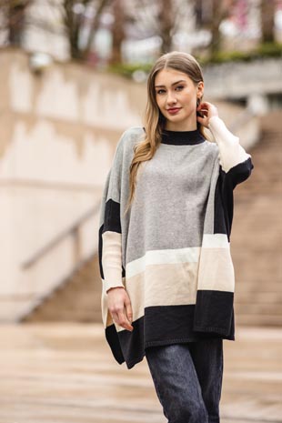ST-15272 - Colourblocked Sleeved Poncho Style Sweater  - Colors: As Shown - Available Sizes:S/M,L/XL - Catalog Page:5 
